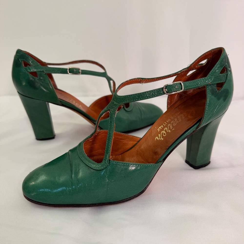 Ramire Vintage Green Leather T-Strap Block Heels Made in Italy Sz 36.5